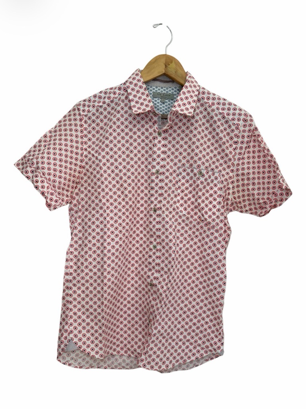 Ted Baker Short Sleeve Button-Down Shirt White with Red Floral Pattern Medium